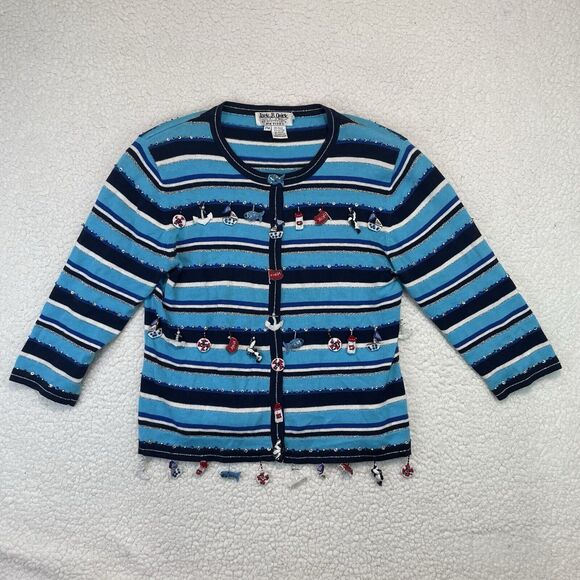 Jack B Quick Boat Nautical Theme Cardigan Sweater M Beaded Charms Novelty Petite - Picture 1 of 7